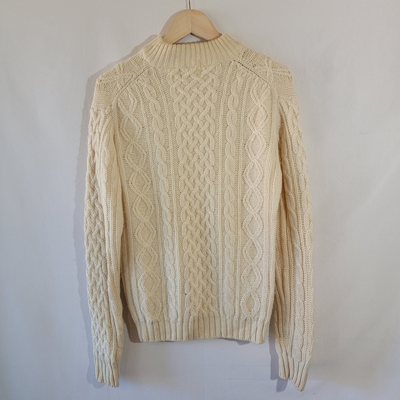 VTG Y2K Ivory Chunky Cable Knit Fisherman Sweater 40 100% Pure Wool Turtleneck - Picture 2 of 12